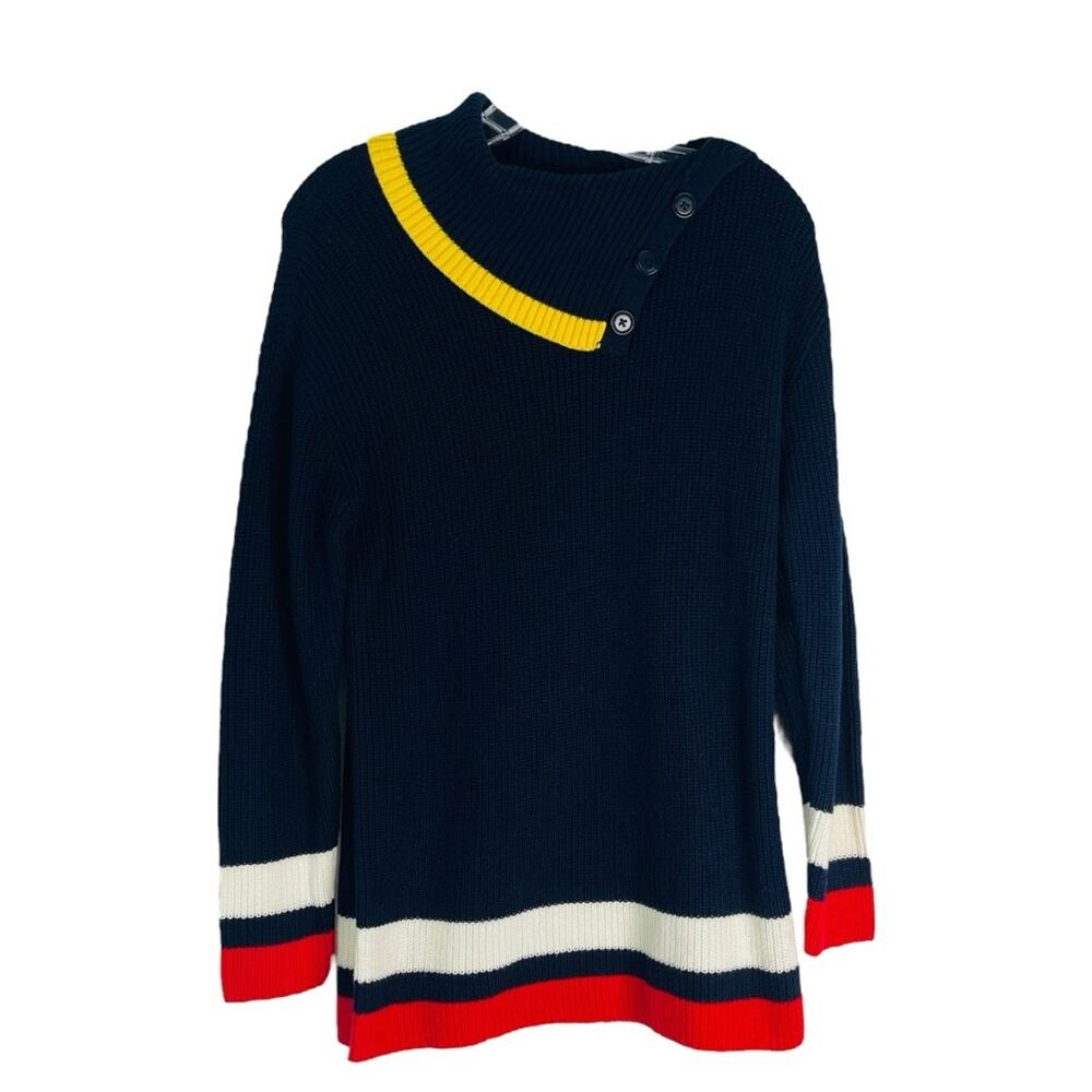 Talbots blue red cream stripe ribbed cowl button preppy academia sweater MP